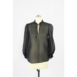 Black Diamond Print Sheer Silk Georgette Puff Sleeve Blouse Top, Size S